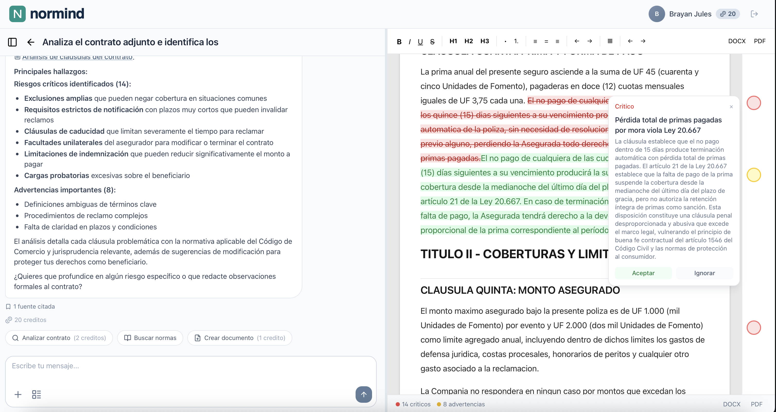 Normind: workspace con analisis de contratos y anotaciones de IA